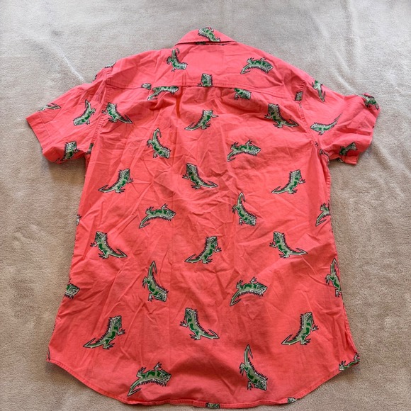 Five Points Industries Iguana Lizard Print Salmon Pink Summer Button Down Sz L - Picture 9 of 9
